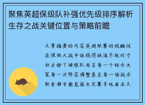 聚焦英超保级队补强优先级排序解析生存之战关键位置与策略前瞻 聚焦英超保级队补强优先级排序解析生存之战关键位置与策略前瞻